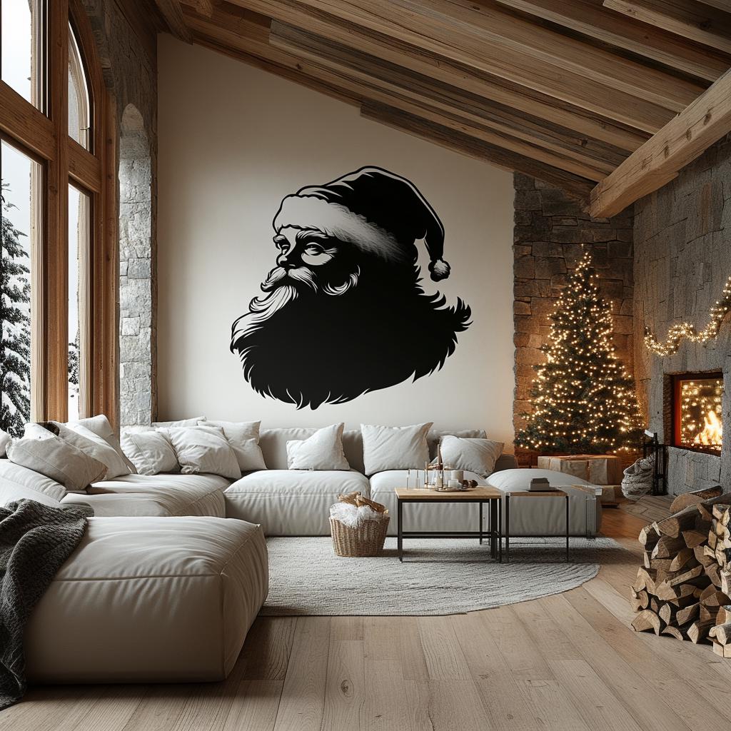 Elegant black Santa Claus silhouette wall mural in a cozy rustic living room with holiday decor.