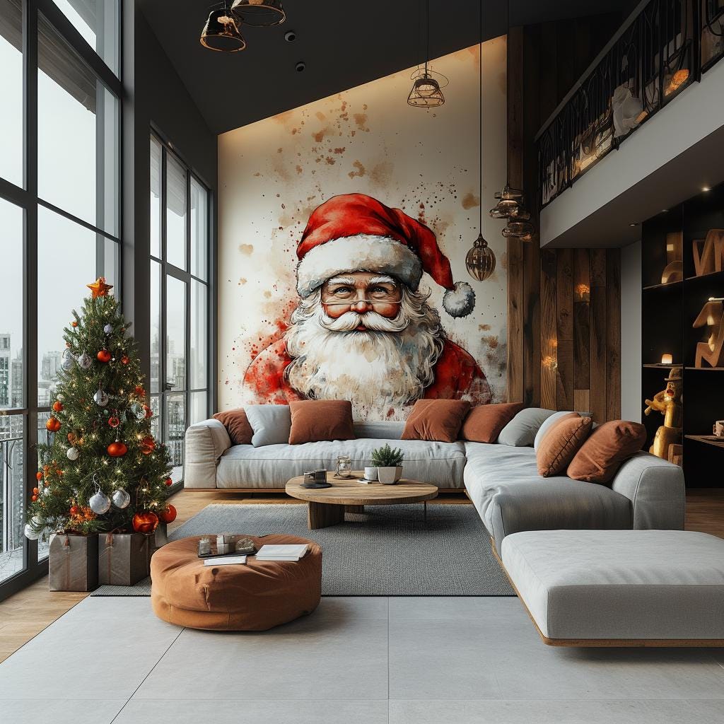Classic Santa Claus wall mural in modern living room with holiday decor and Christmas tree.