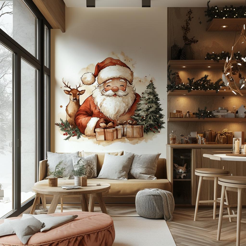 Whimsical Santa Claus and reindeer wall mural for festive holiday home decor with Christmas tree and gifts.