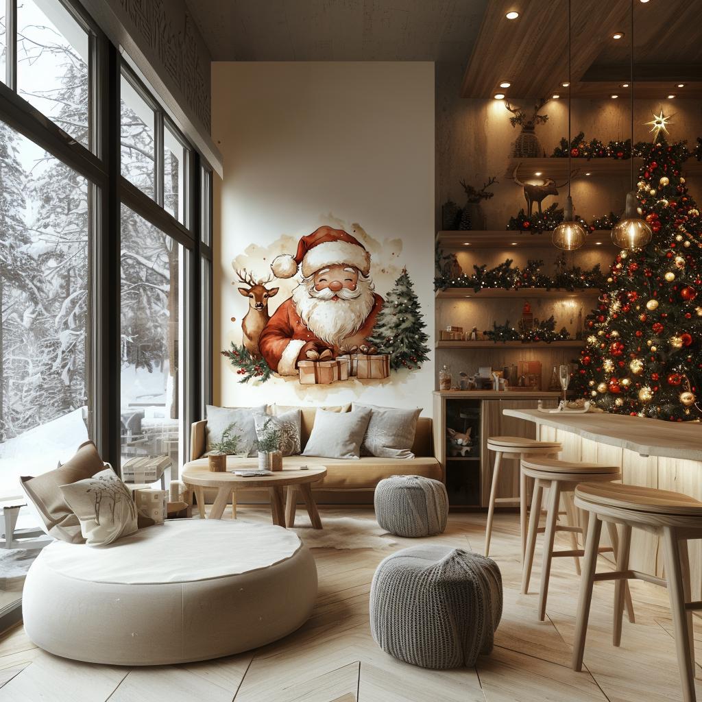 Whimsical Santa Claus wall mural with reindeer and Christmas trees in a cozy holiday-themed living room.
