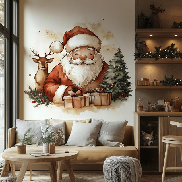 Santa Claus with reindeer and Christmas tree wall mural in a cozy living room setting.