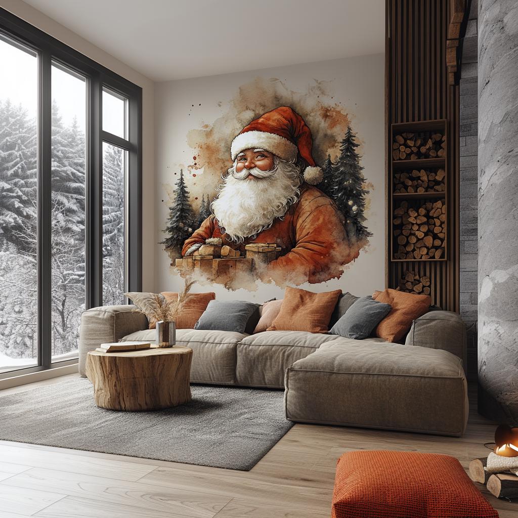 Classic Santa Claus mural in cozy living room with winter view, featuring Santa and evergreen trees for festive decor.