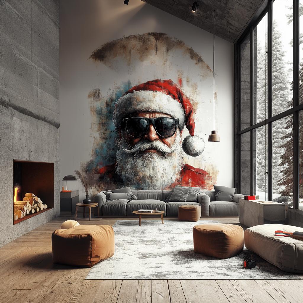 Cool Santa Claus wall mural with sunglasses in modern living room decor, festive holiday statement piece.