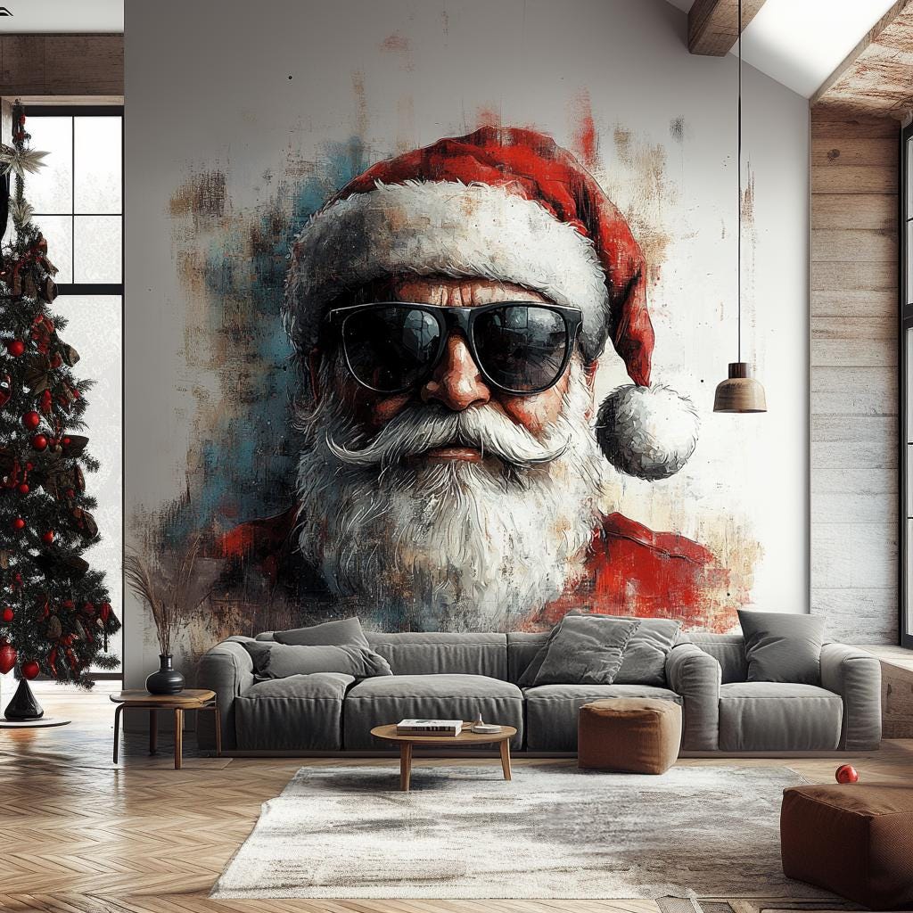 Cool Santa Claus Wall Mural | Edgy Christmas Decal | Santa with Sunglasses Wall Art | Modern Holiday Wall Sticker | Festive Statement Piece