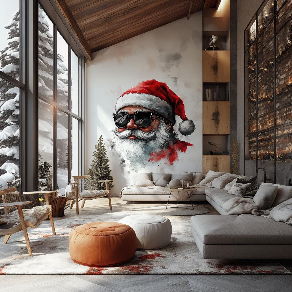 Cool Santa wall mural with sunglasses in modern living room, perfect for edgy holiday decor.