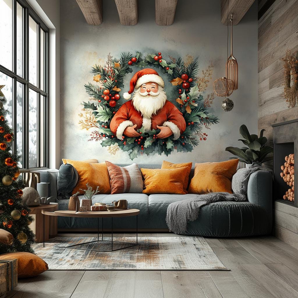 Cozy Christmas mural of Santa Claus in a wreath, perfect holiday wall art for festive home decor.