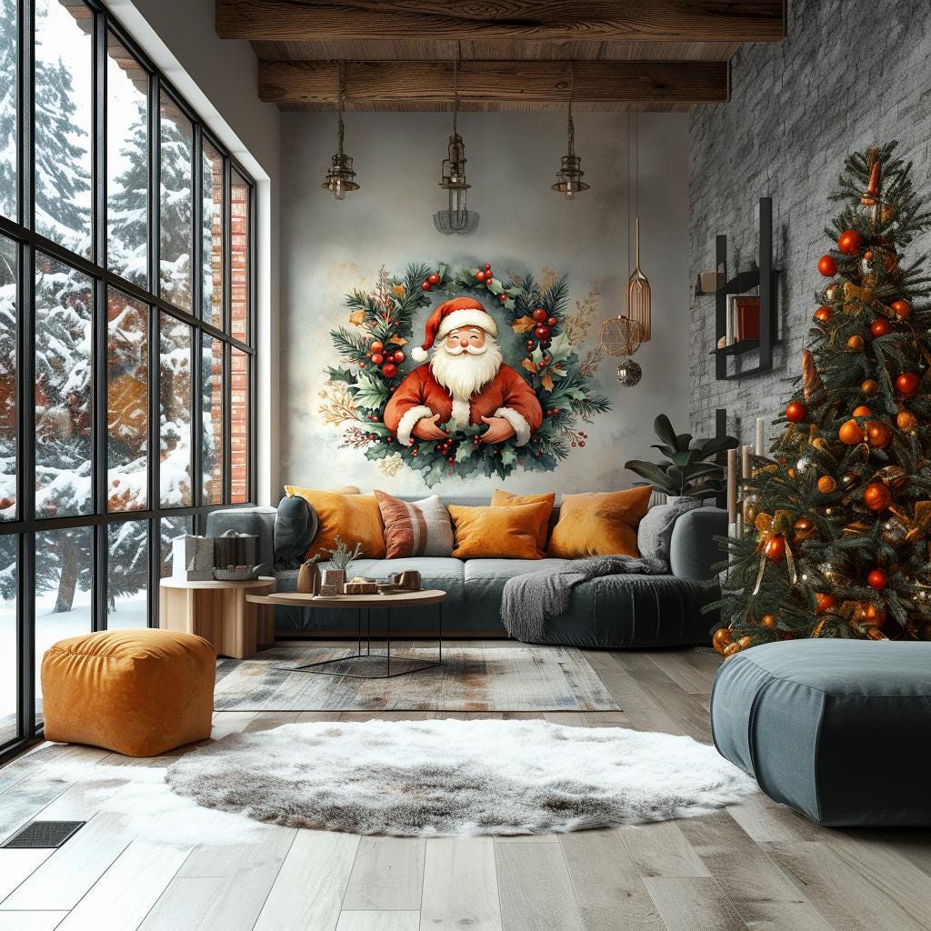 Cozy living room with Santa Claus wreath mural, holiday decor, and festive Christmas tree.