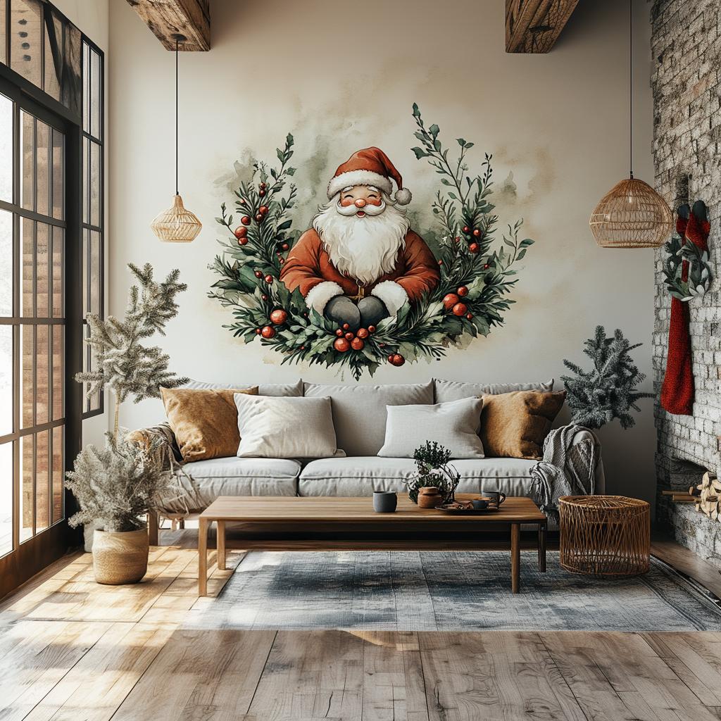 Santa Claus wreath wall mural in a cozy living room, festive holiday decoration with evergreen and red berries.