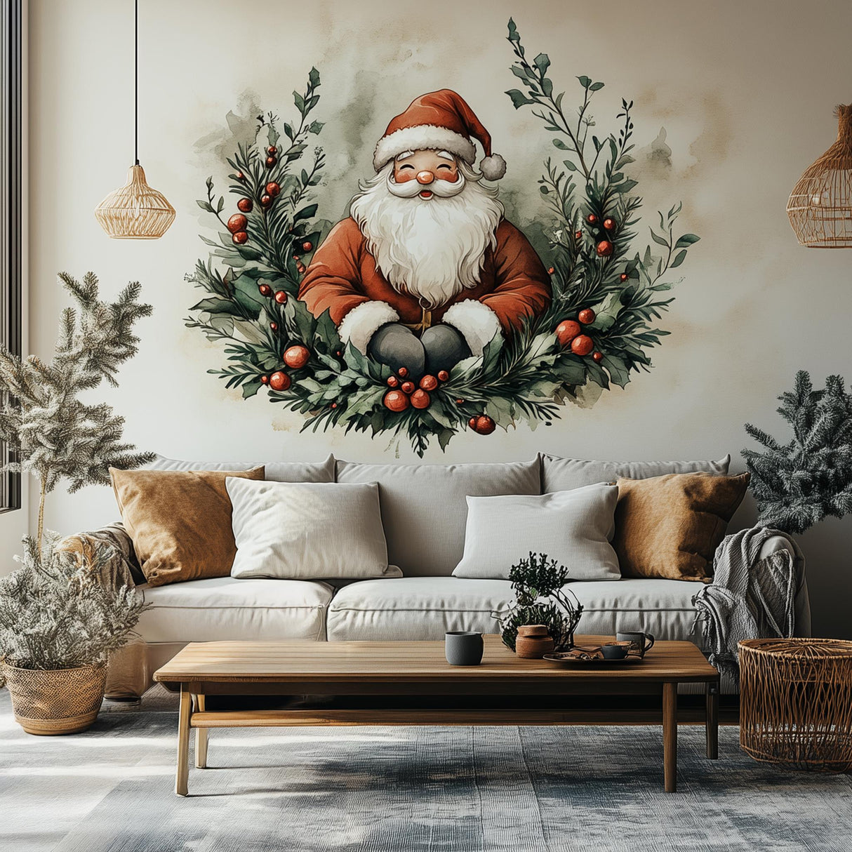Cozy Santa Claus wreath wall mural, perfect for festive holiday decor in living rooms.