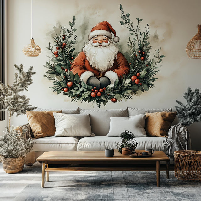 Cozy Santa Claus wreath wall mural, perfect for festive holiday decor in living rooms.