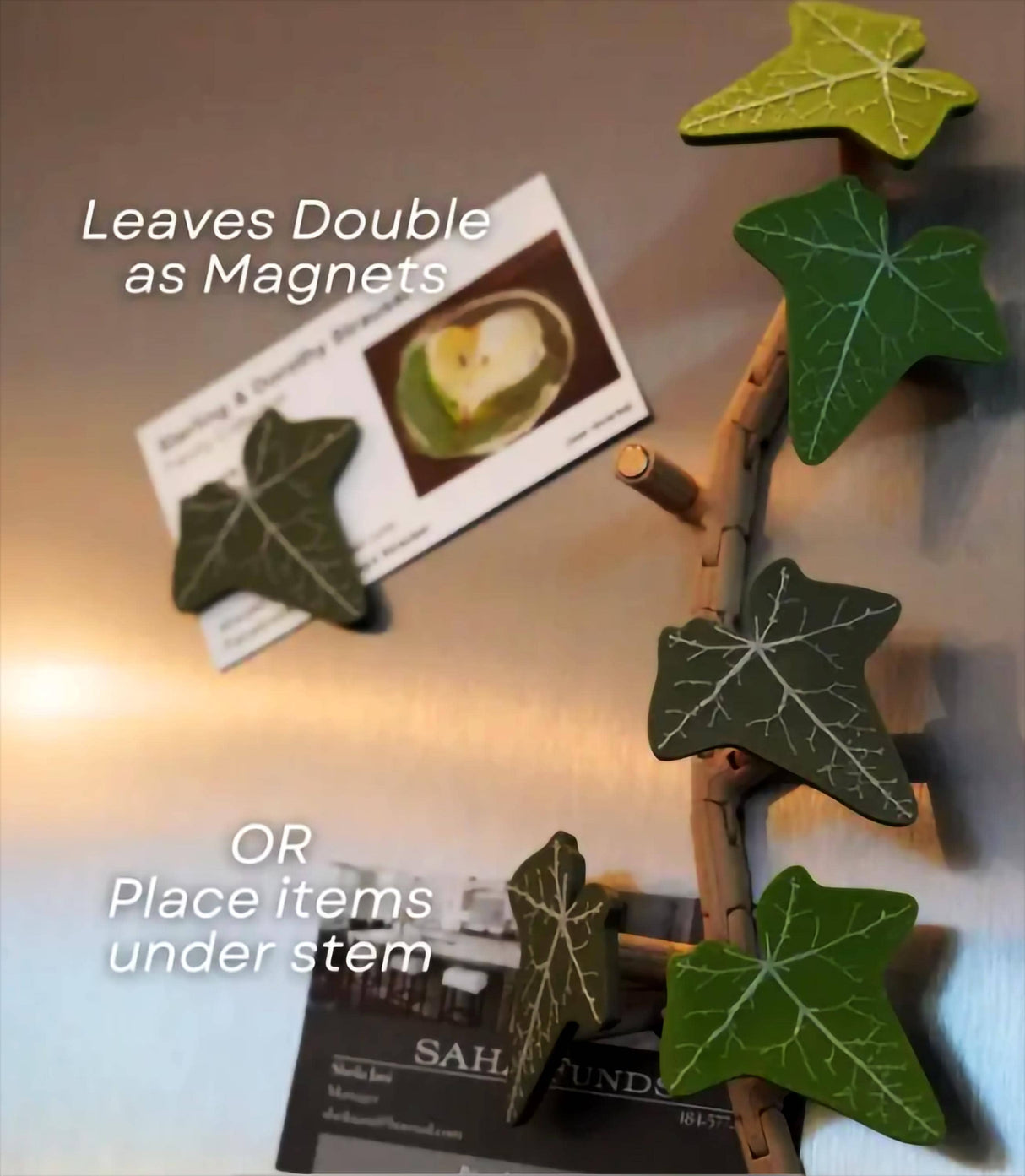 Custom color ivy fridge magnet showcasing leaves as magnets and flexible vine decor on a refrigerator.