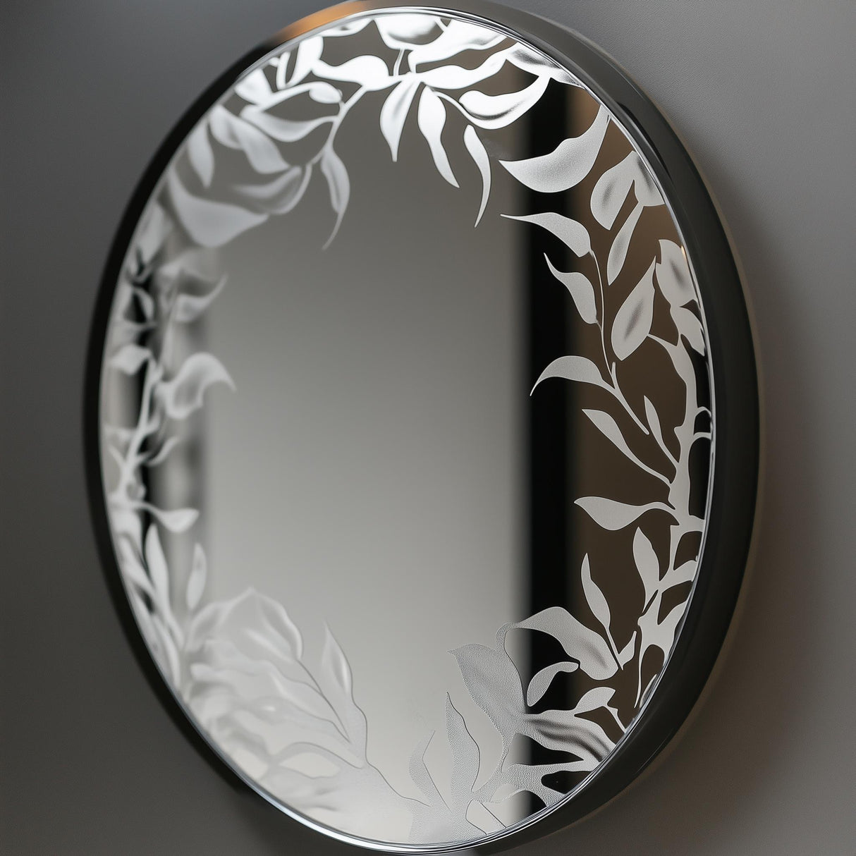 Custom etching of floral design on round mirror, perfect for home or office decor.