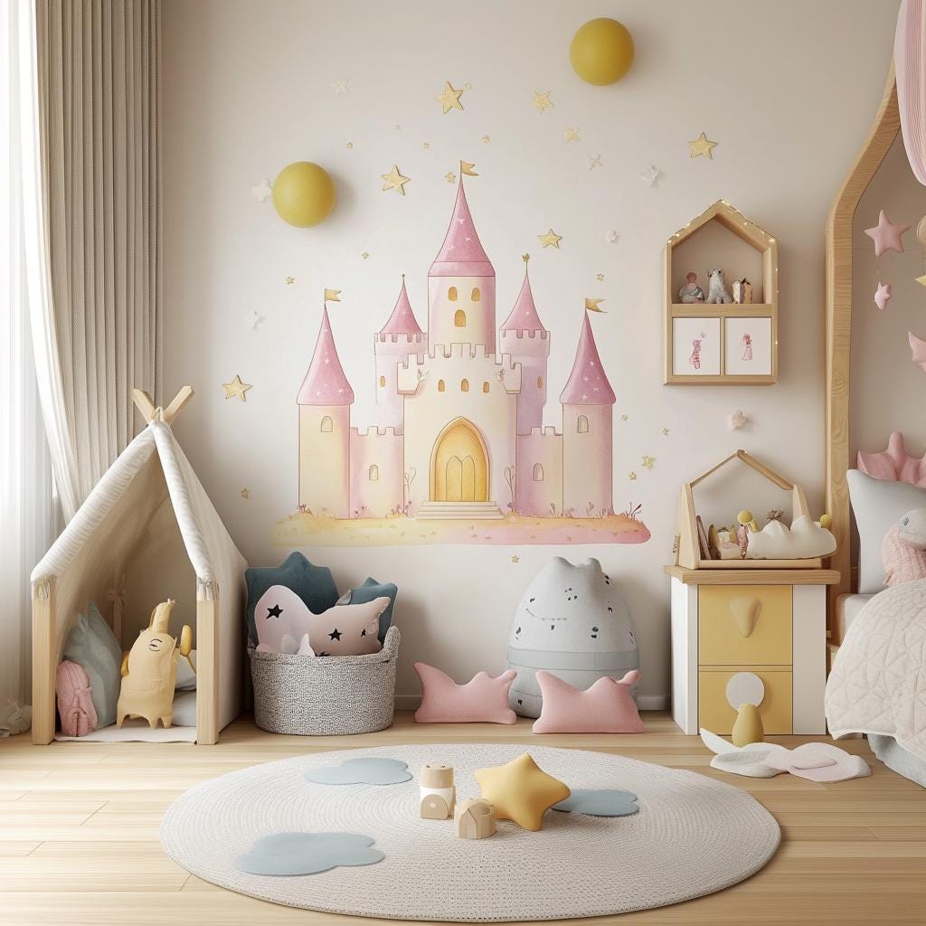 Pink princess castle wall sticker in a nursery with playful decor and soft pastel colors, perfect for a fairytale theme.