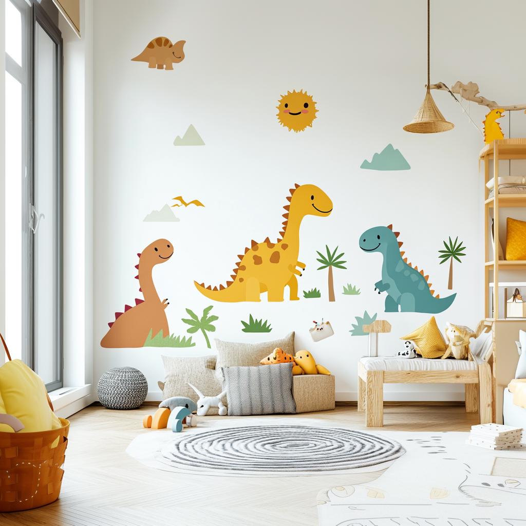 Colorful dinosaur wall decals in a kids' room, featuring cheerful dinosaurs, plants, and a sunny backdrop.