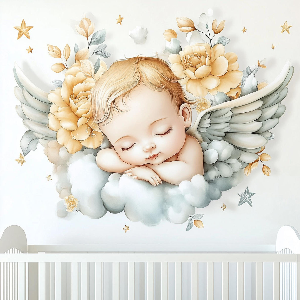 Angel Baby Wall Mural | Nursery Wall Decal with Flowers and Wings | Serene Baby Room Sticker Decor | Removable Vinyl Wall Art