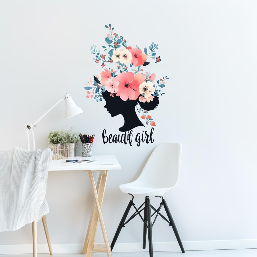 Beautiful Girl Wall Decal | Floral Silhouette Vinyl Sticker | Feminine Room Decor | Removable Wall Art for Girls’ Rooms