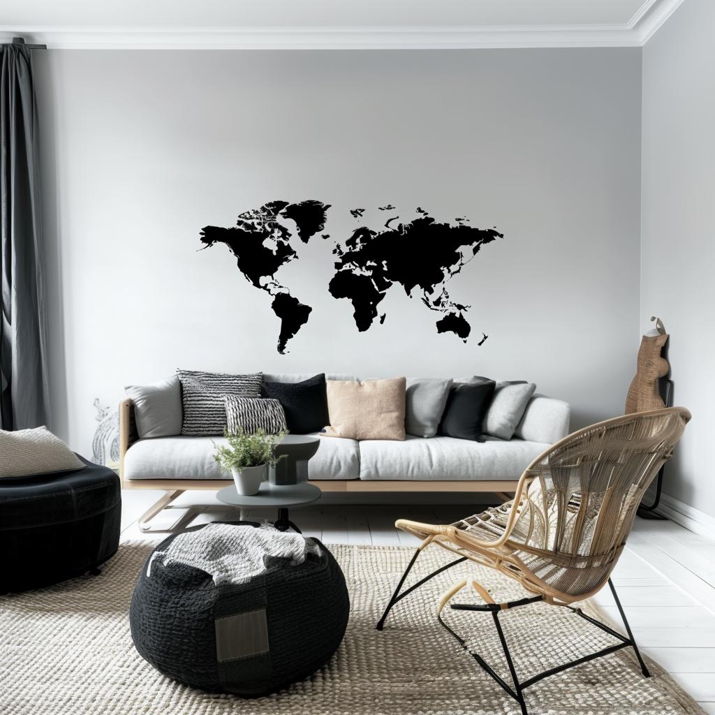 Minimalist black world map wall decal in modern living room decor with cozy seating and stylish accents.