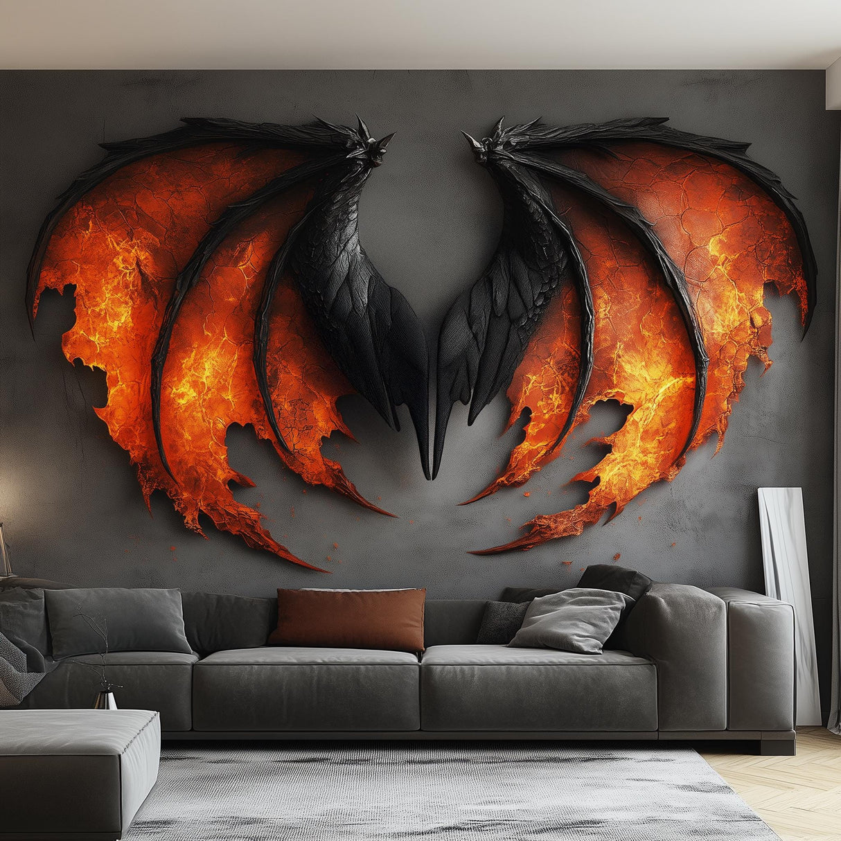 Dragon wing wall mural with fiery accents, creating a bold statement in a modern living room decor.
