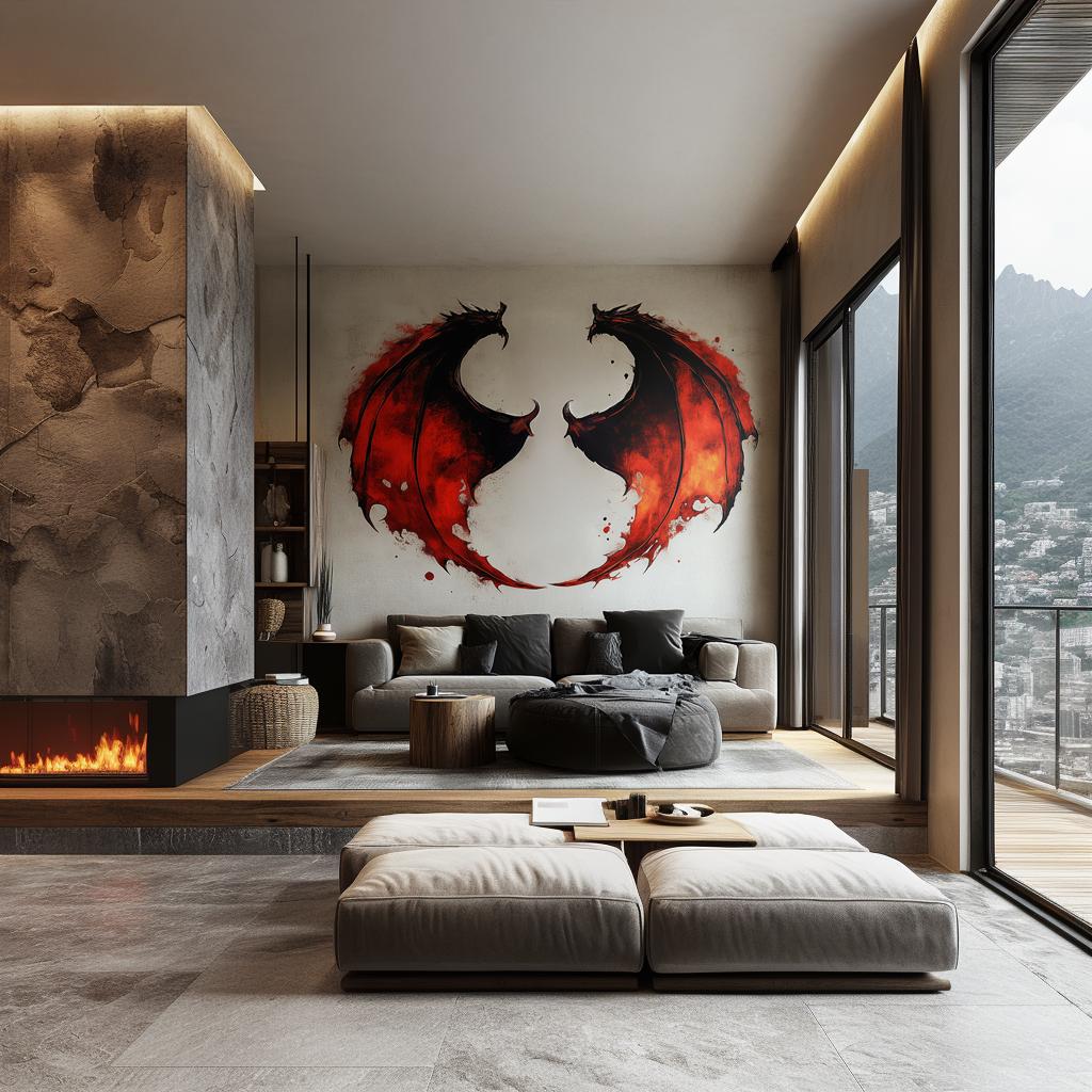 Dragon wing wall sticker in a modern living room with fiery red and black design, adding a bold statement to the decor.
