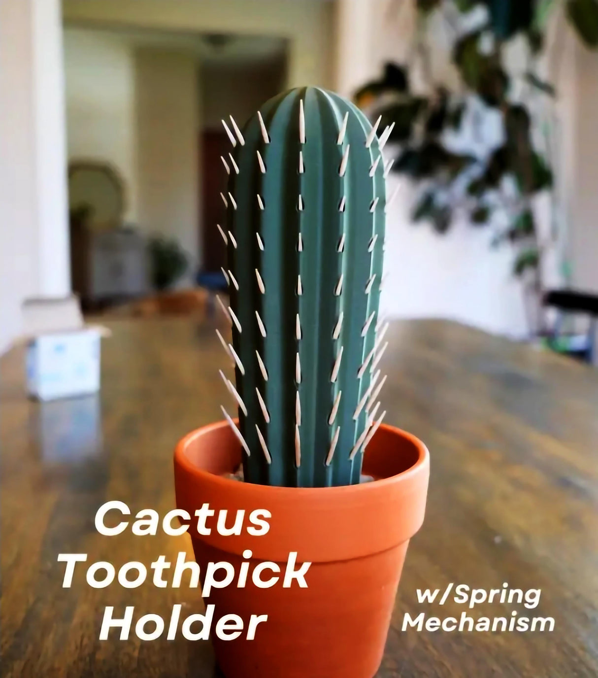 3D printed cactus toothpick holder in pot with toothpicks resembling spines, perfect for parties and kitchen decor.