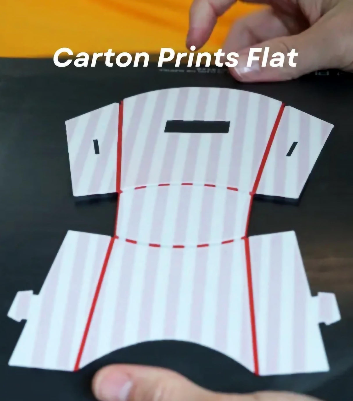 Flat printed carton design with red markings, ideal for easy assembly and storage.