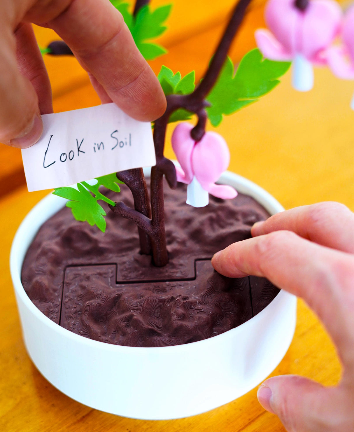 Person placing a note in a 3D-printed Bleeding Hearts Jewelry Box with green leaves and pink flowers.