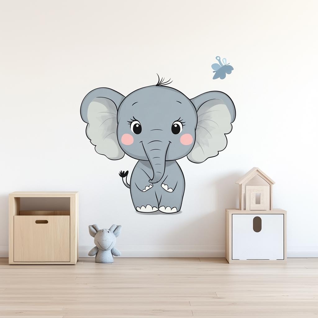 Cute cartoon elephant wall decal with butterfly in a nursery setting for kids room decor.
