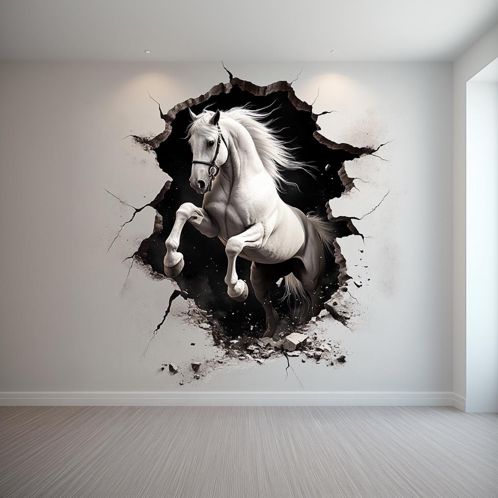 3D white horse wall sticker breaking through the wall, realistic animal decor for living rooms and bedrooms.