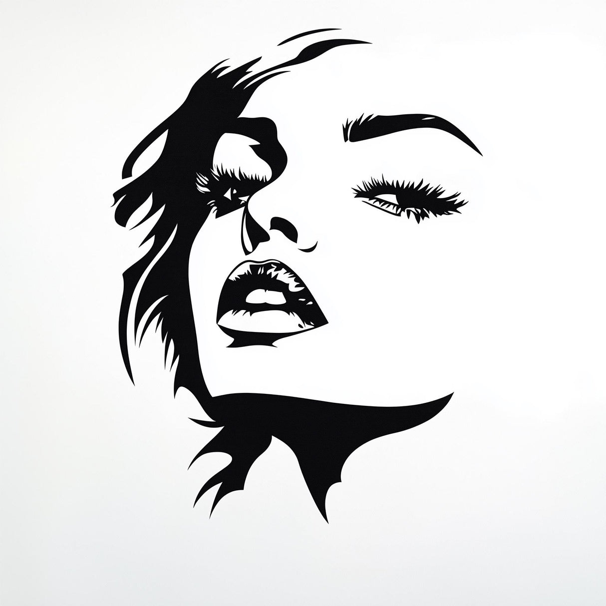 Stylized female face wall decal in black silhouette, perfect for modern decor in bedrooms or salons.