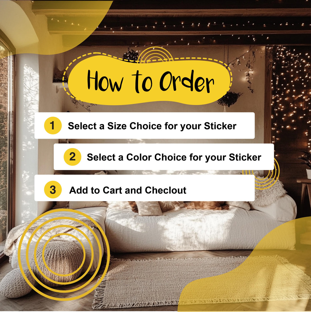 Image showing how to order a sticker with steps: select size, select color, add to cart.