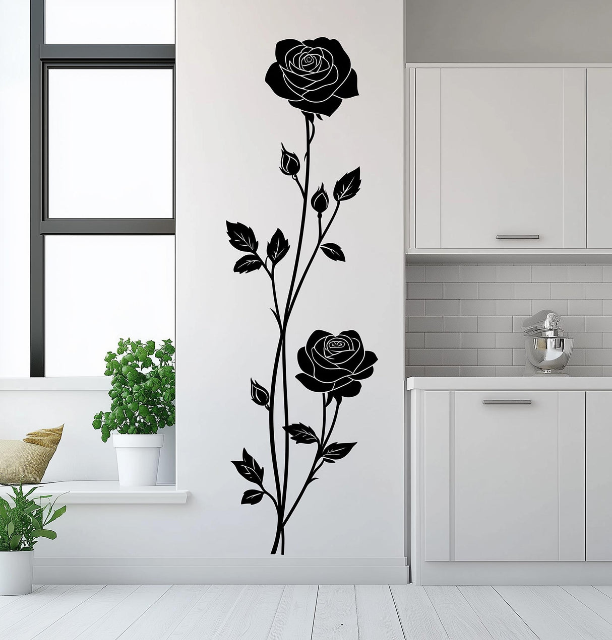 Vertical rose wall decal sticker in a modern kitchen, featuring elegant black roses and leaves, perfect for stylish decor.