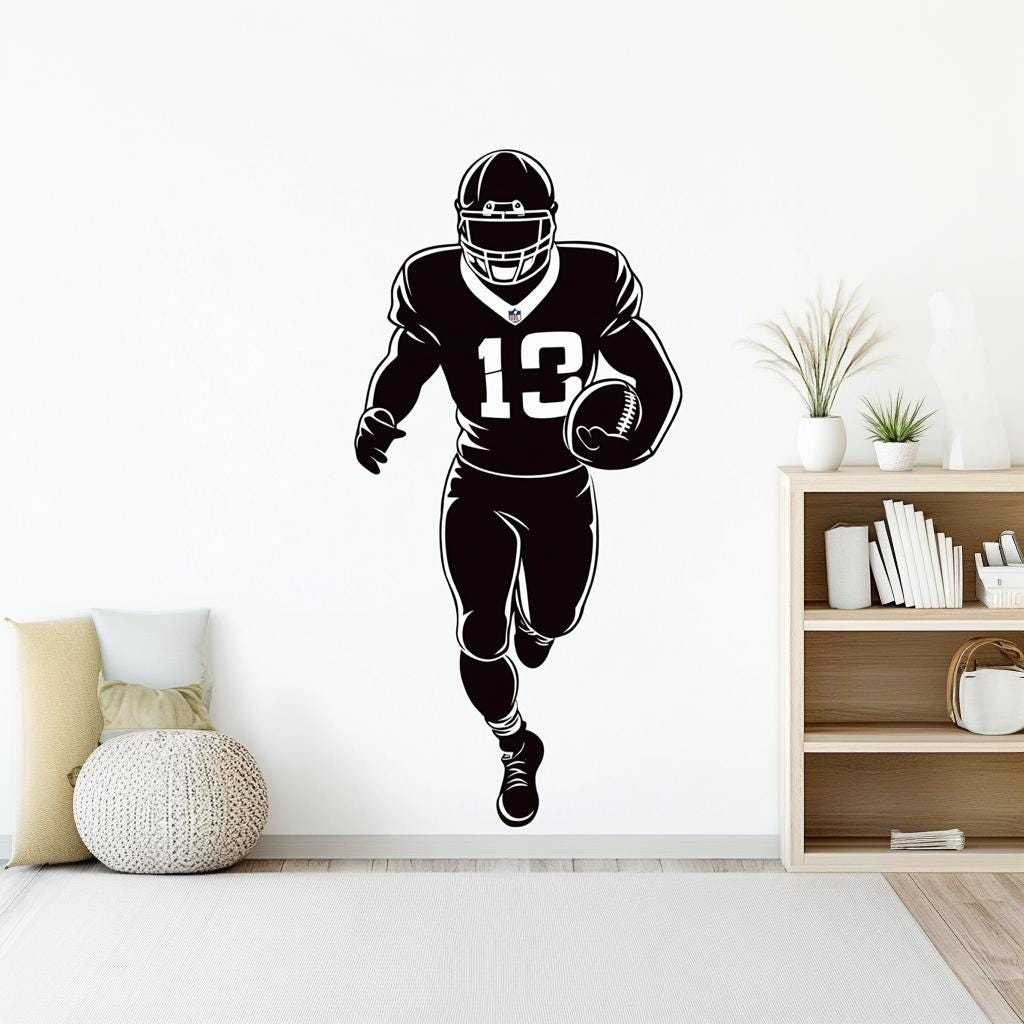 Football player wall decal sticker in action, perfect for boys' rooms, gyms, or game rooms - customizable wall decor.
