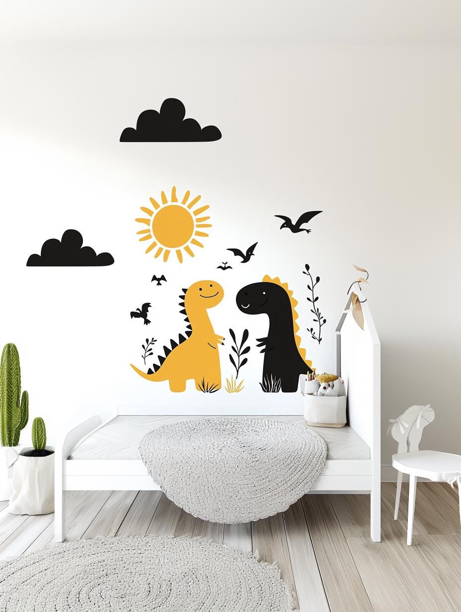Dinosaur wall decal set in a kids room featuring yellow and black dinosaurs, sun, clouds, and playful nature elements.