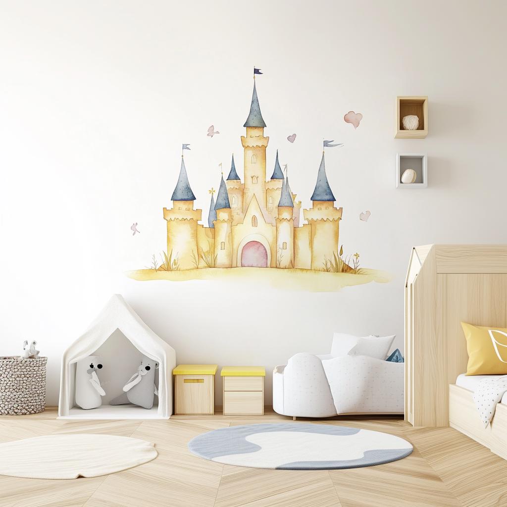 Fairy tale castle wall sticker in pastel colors for kids' nursery, surrounded by butterflies and hearts.
