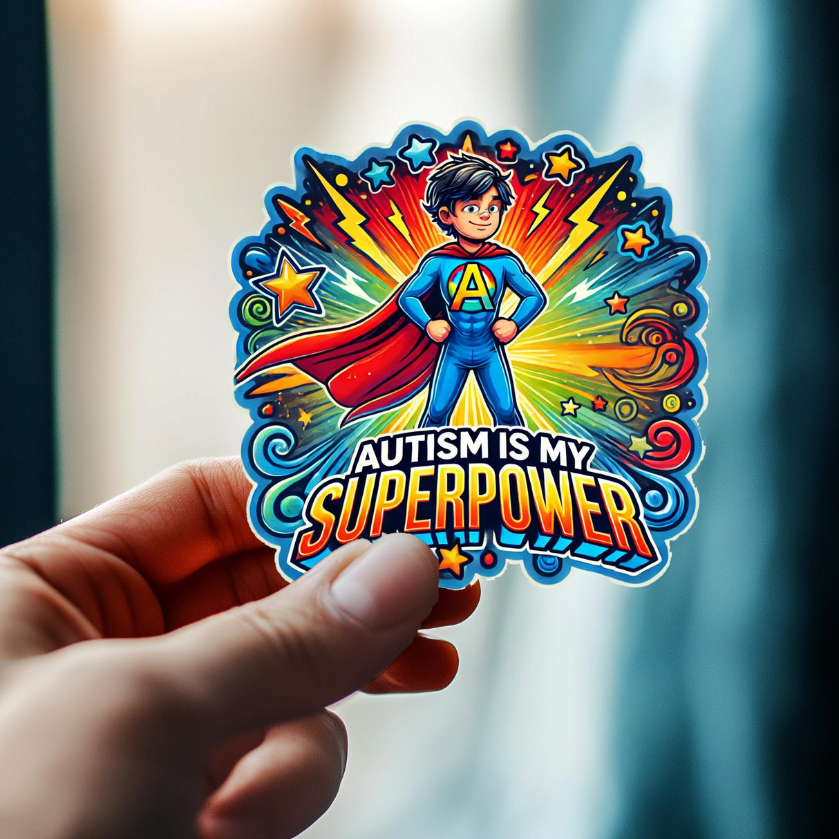 Hand holding a vibrant 'Autism Is My Superpower' vinyl sticker featuring a superhero design, promoting autism awareness.