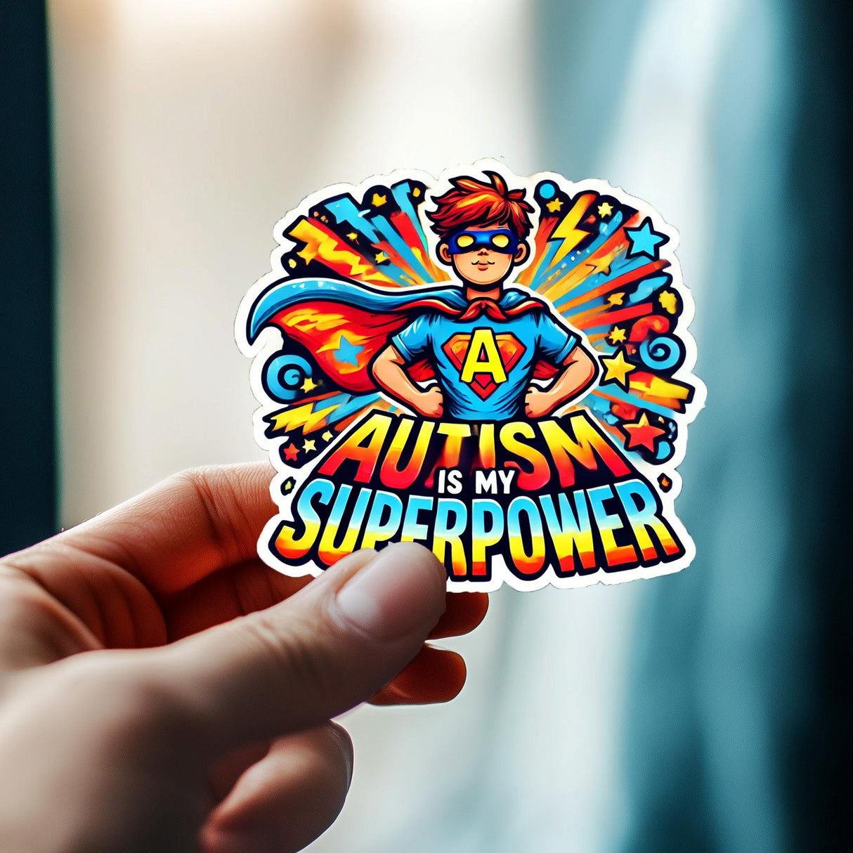 Colorful vinyl sticker featuring superhero boy with text 'Autism Is My Superpower' promoting autism awareness.