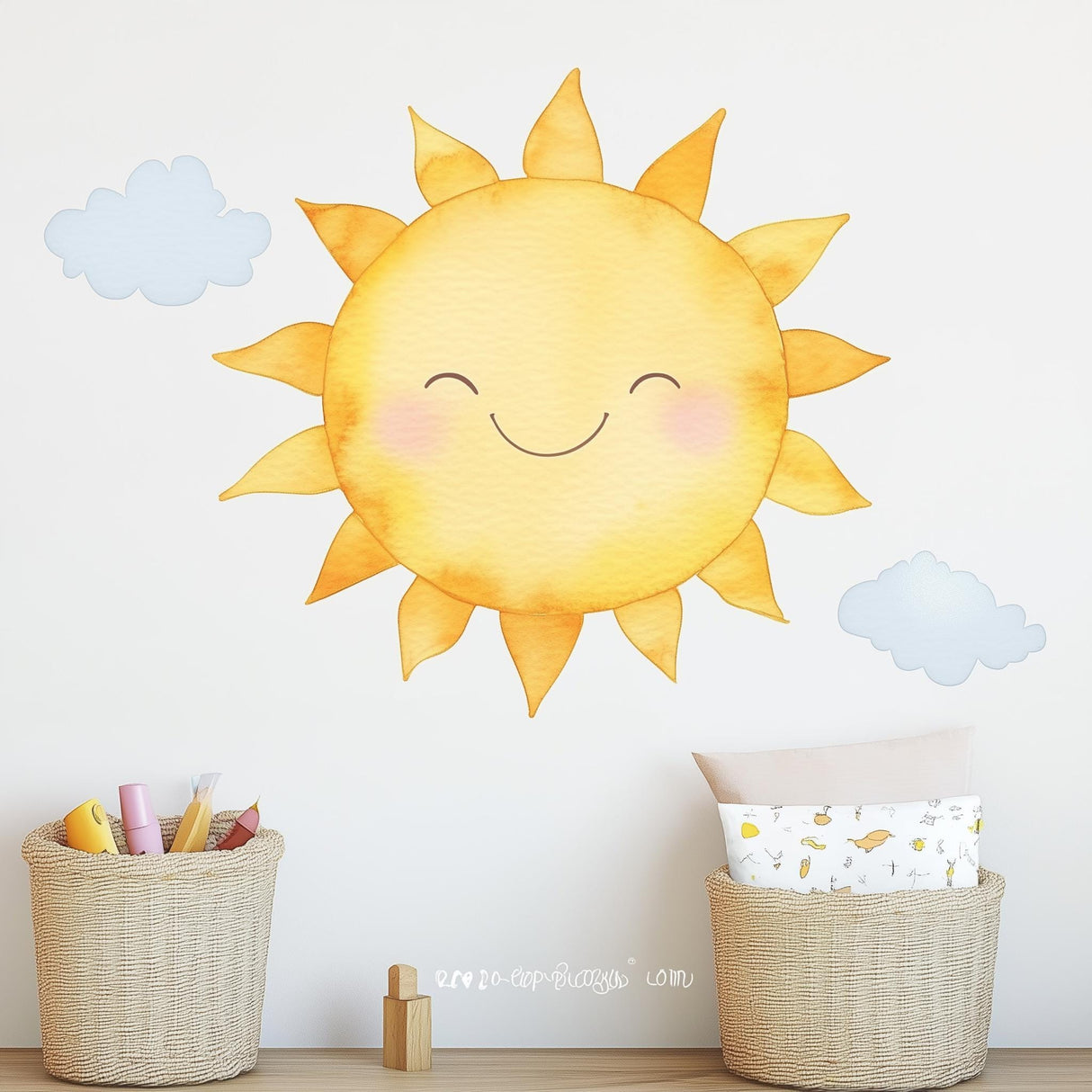 Smiling sun wall decal sticker with clouds, perfect for nursery decor and kids' rooms, featuring a cheerful watercolor design.
