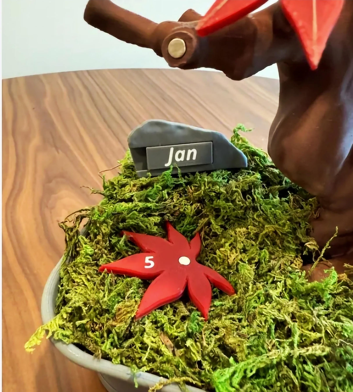 Close-up of Bonsai Tree Calendar with red leaf and rock marker for January on a moss-covered base.