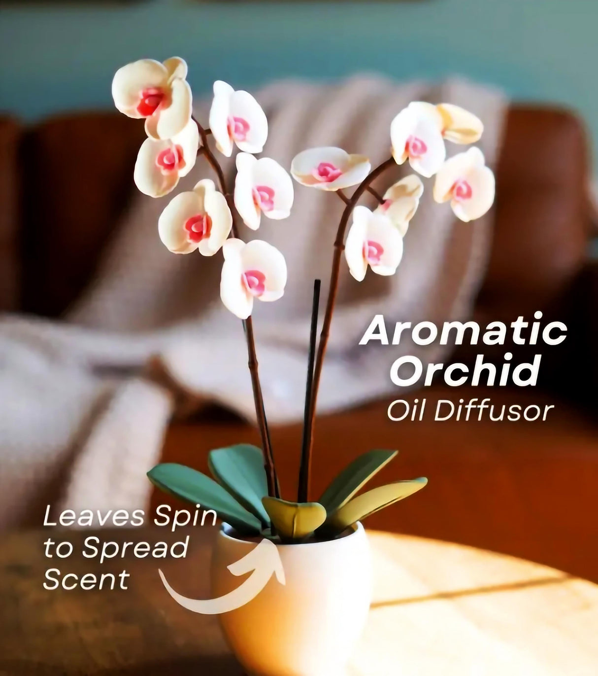 Aromatic Orchid Oil Diffuser with spinning leaves, elegant flower decor for spreading delightful aromas in your home.