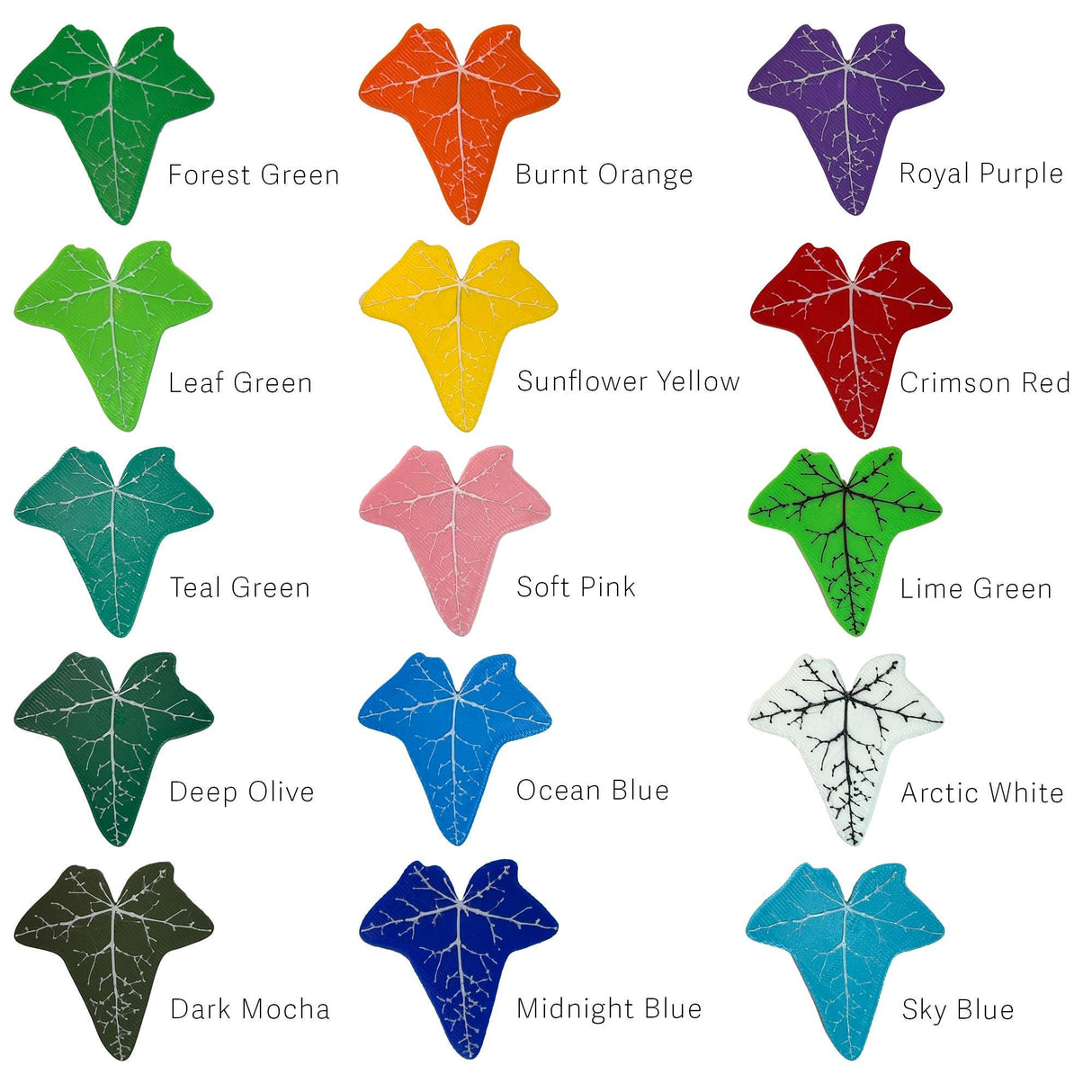 Color swatches of decorative leaf shapes in various colors including green, orange, purple, and blue.