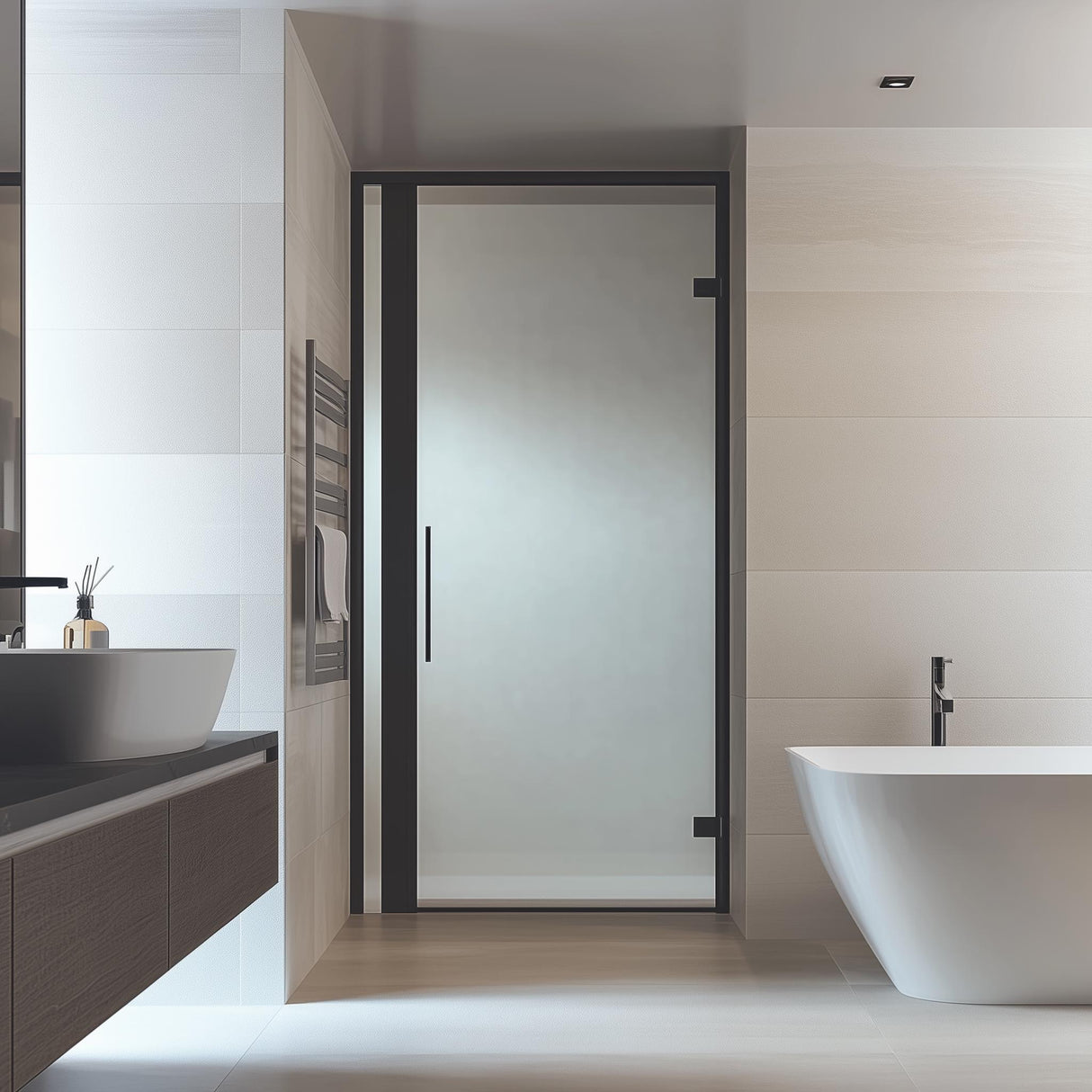 Modern bathroom featuring frosted vinyl glass door for enhanced privacy and elegant aesthetics.