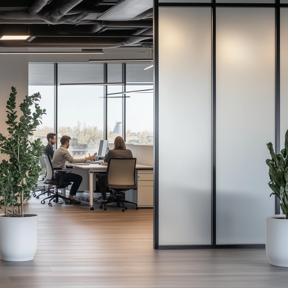 Modern office interior featuring a collaborative workspace with frosted glass partitions and greenery.