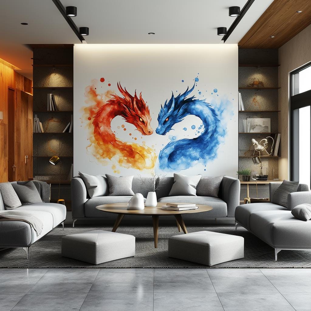 Vibrant watercolor dragon wall decal in living room, featuring red and blue dragons in a yin-yang design.