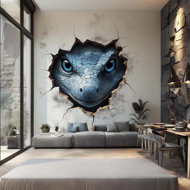 3D blue gecko wall decal breaking through wall in modern living room, adding unique decor and lifelike art.
