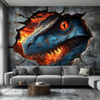 3D dinosaur wall mural featuring a fierce blue raptor emerging through a cracked wall for kids' room decor.