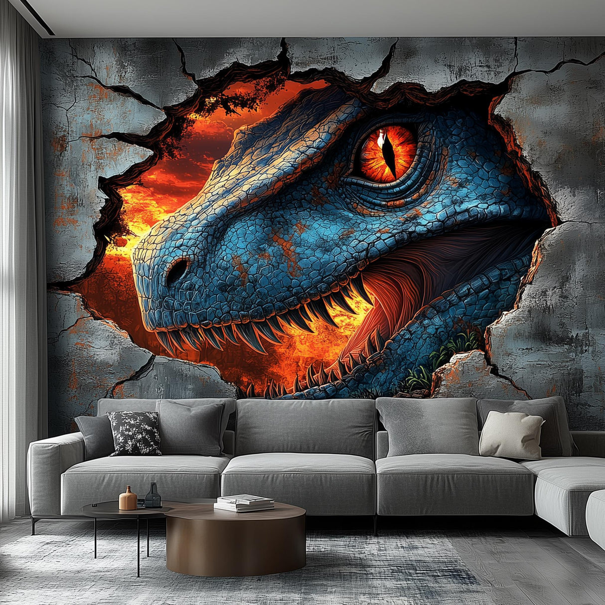 3D dinosaur wall mural featuring a fierce blue raptor emerging through a cracked wall for kids' room decor.