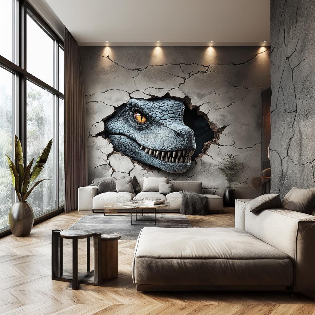 3D dinosaur wall mural of a blue raptor emerging from a cracked wall in a modern living room decor.