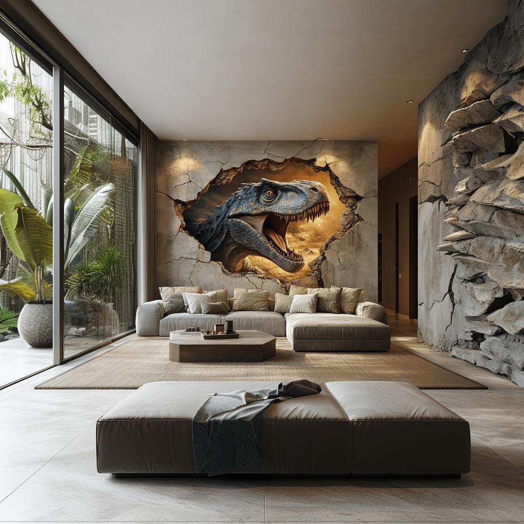 3D T-Rex dinosaur mural bursting through a cracked wall in a modern living room setting.