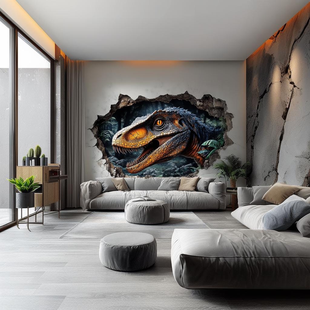 3D dinosaur wall mural featuring a fierce raptor breaking through a wall in a modern living room setting.