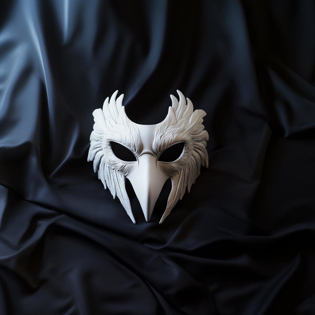 3D-printed feathered raven mask displayed on a dark background, perfect for Halloween and masquerade parties.